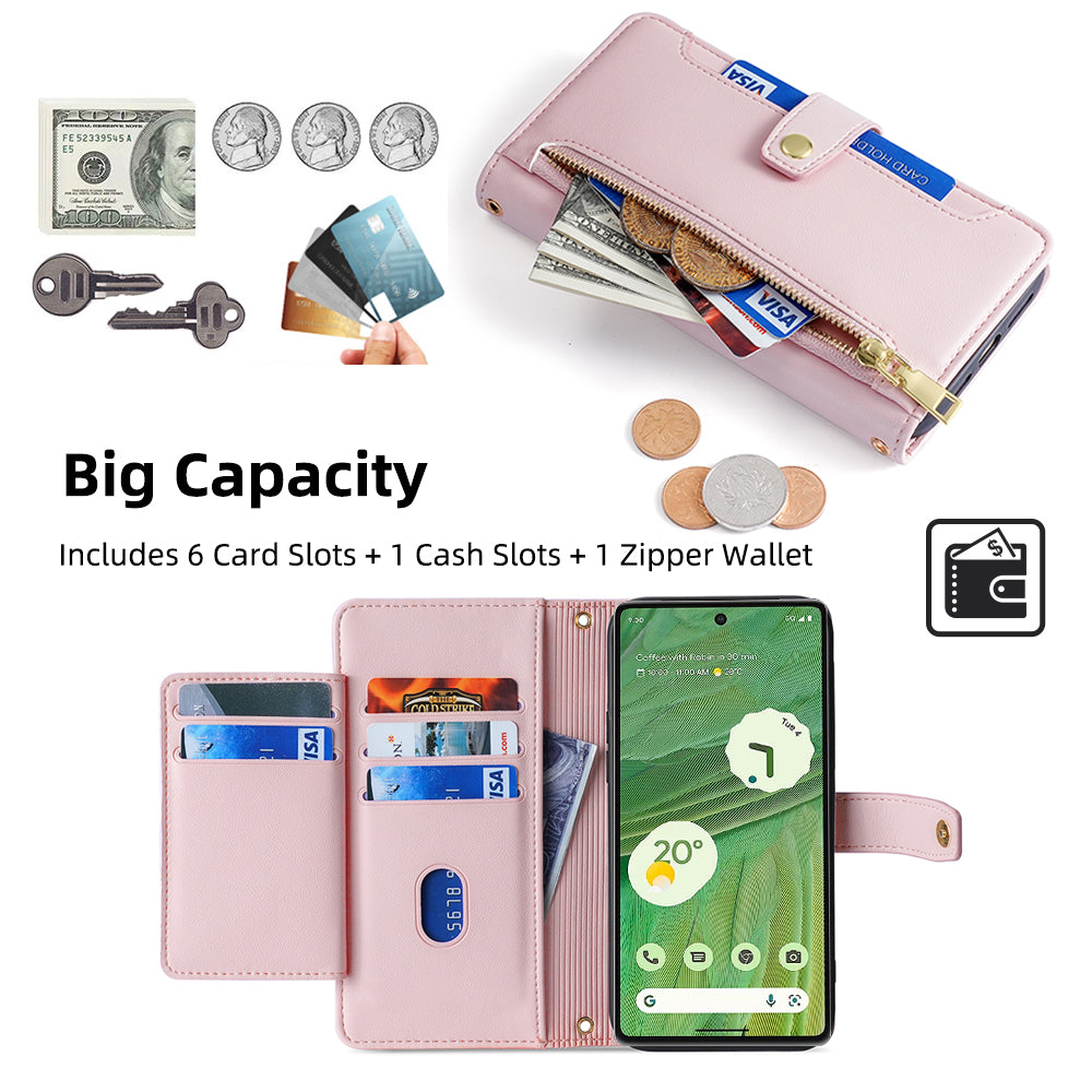 For Google Pixel 7 5G Textured PU Leather Zipper Pocket Wallet Phone Case Stand Multiple Card Slots Magnetic Closure Cover with Wrist Strap and Shoulder Strap For Google Pixel 7 5G Textured PU Leather Zipper Pocket Wallet Phone Case Stand Multiple Card Slots Magnetic Closure Cover with Wrist Strap and Shoulder Strap